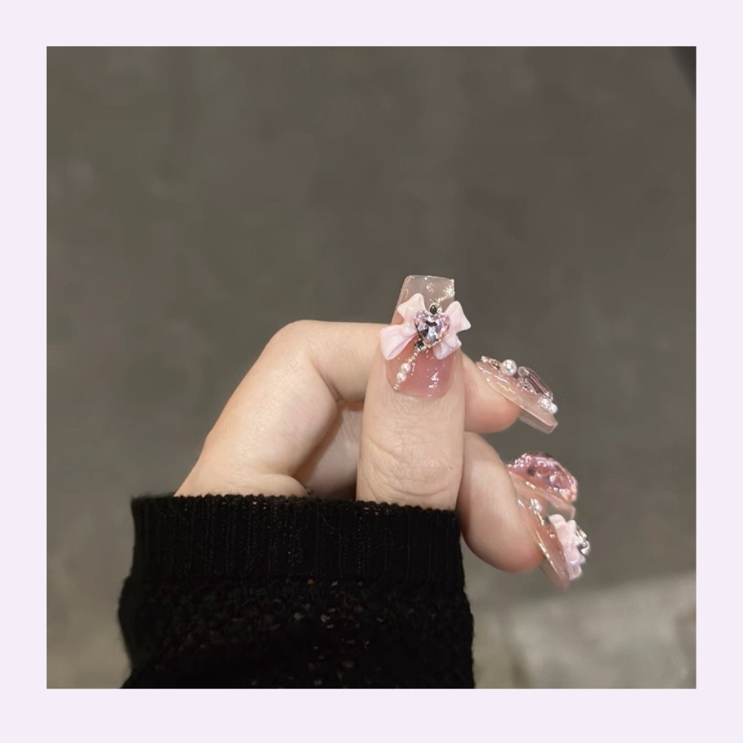 3D Pink Princess Press-On Nails with Bows & Rhinestones