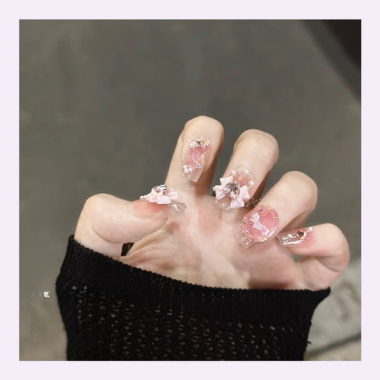 3D Pink Princess Press-On Nails with Bows & Rhinestones